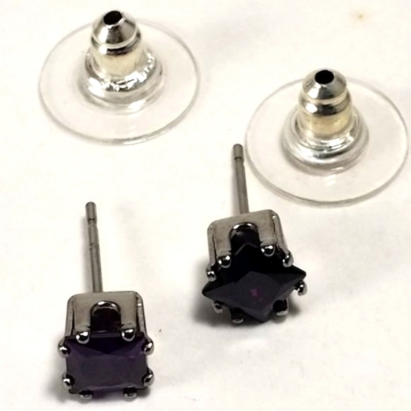 Chic Purple Cubic Zirconia Princess Cut Stud Earrings – Sterling Silver Overlay - Picture 5 of 6